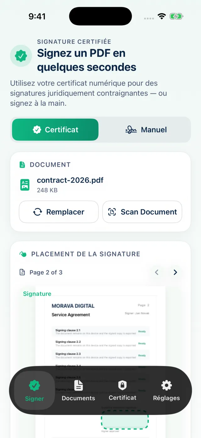 Cert Sign sur iPhone signant un PDF avec un certificat