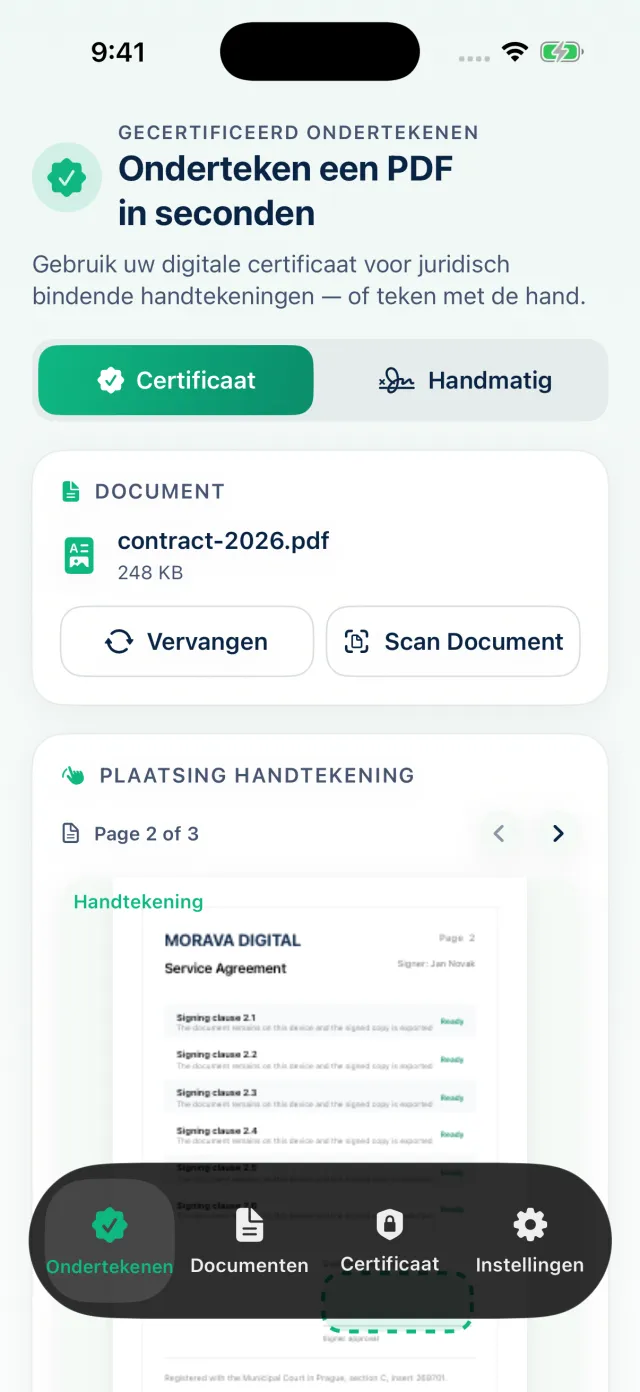 Cert Sign op iPhone ondertekent een PDF met certificaat