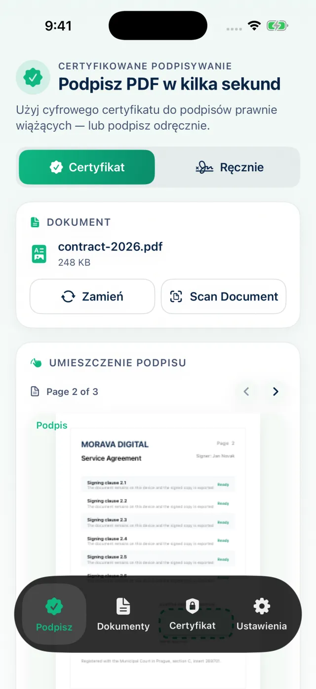 Cert Sign na iPhonie podpisuje PDF certyfikatem